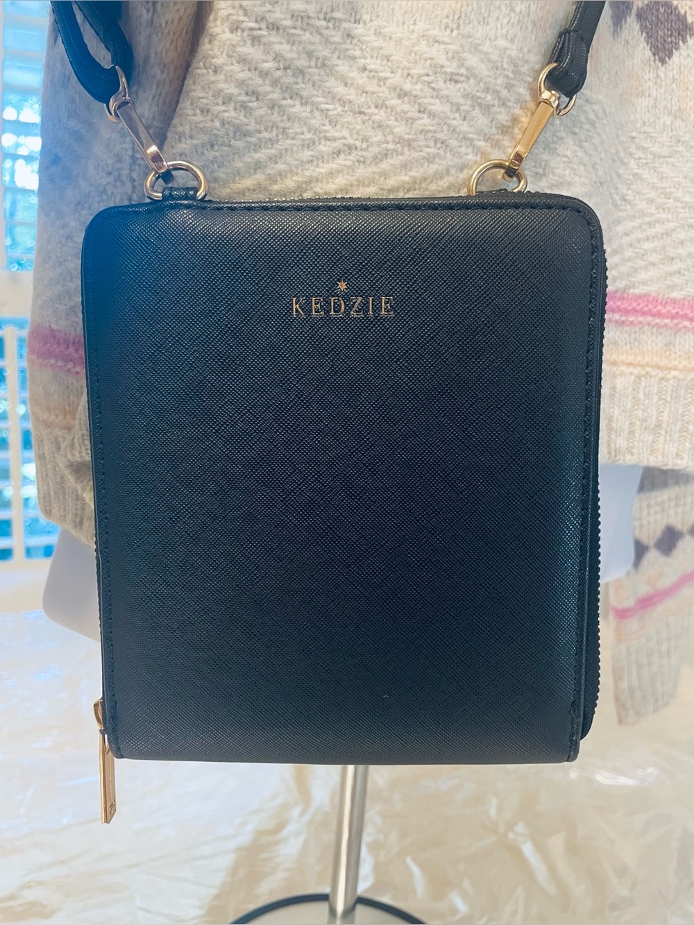 Kedzie Black Crossbody Wallet Purse Gold Hardware. Small Zip around Bag.